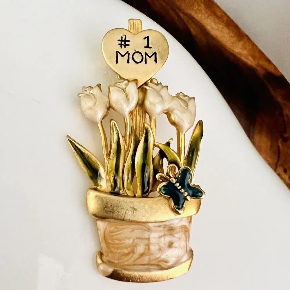 Vintage Nr. #1 MOM Enamel Gold Brooch Tulips Butterfly Planter Enamel Gift 4121